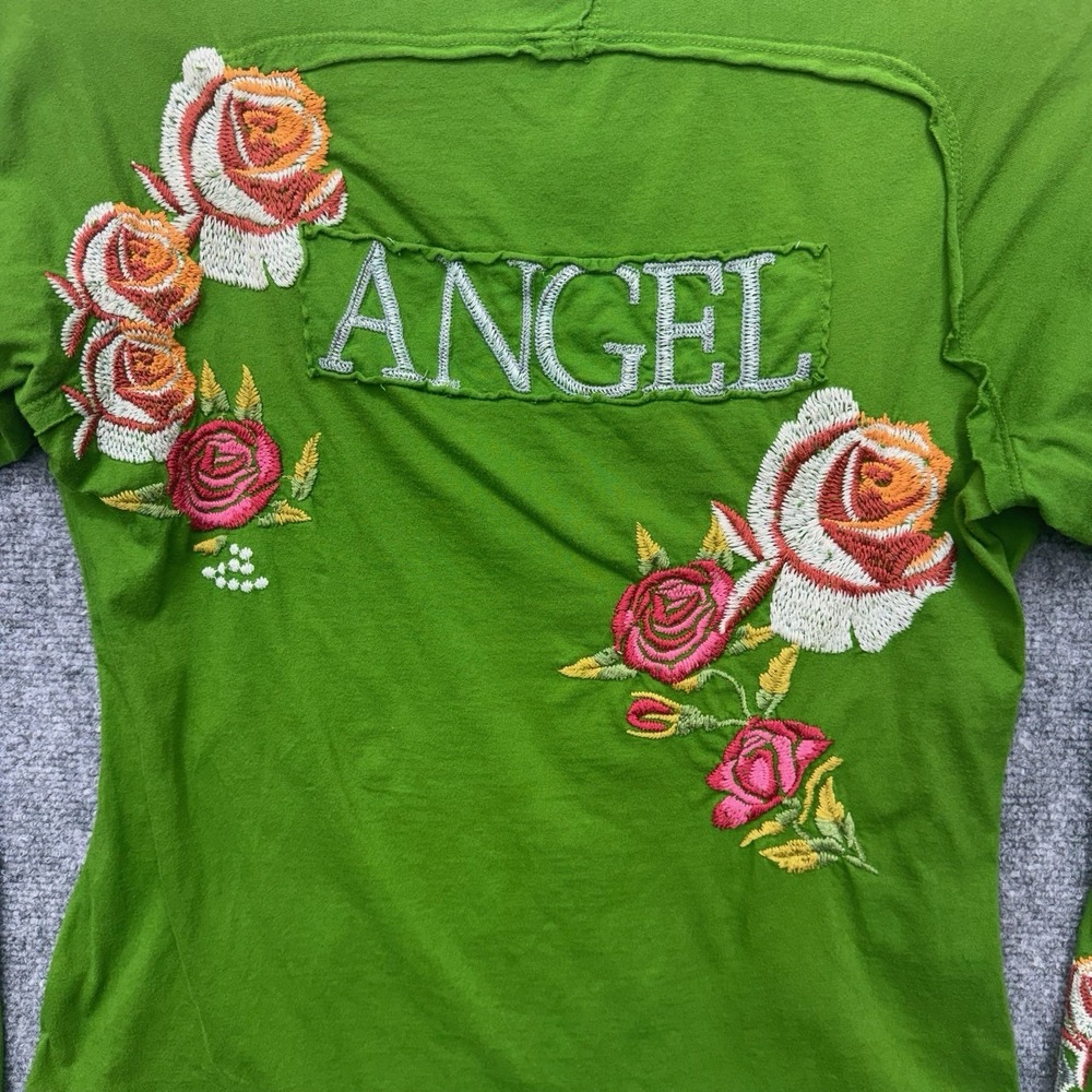 JW Los‎ Angeles green blouse top embroidered roses women's Large w/ small stain - Picture 10 of 10